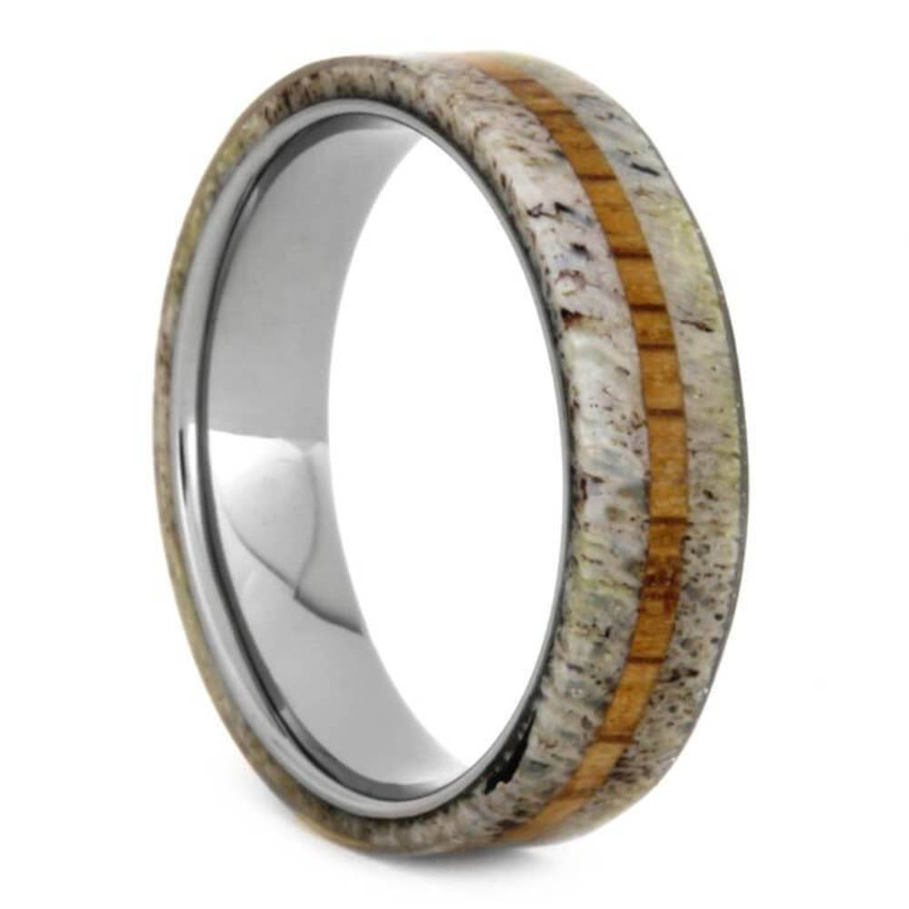 Deer Antler Oak Wood 5mm Titanium Comfort-Fit Wedding Band