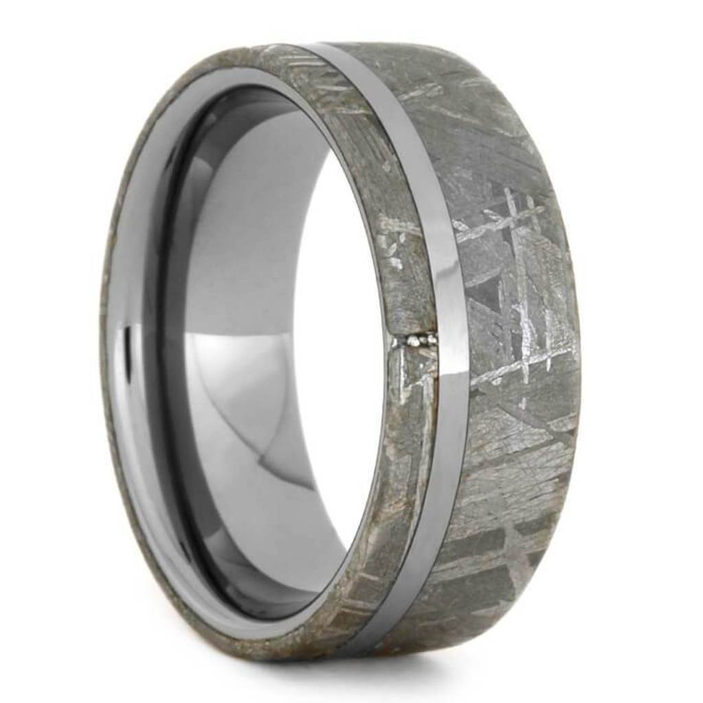 Gibeon Meteorite Ring With Polished Tungsten, Meteor Wedding Band