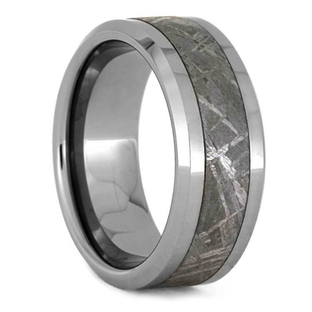 Beveled Meteorite Ring With Polished Tungsten