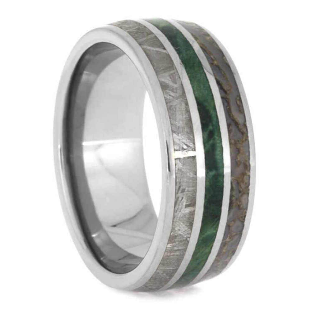 Green Box Elder Burl Dinosaur Bone Gibeon Meteorite 9mm Titanium Comfort-Fit Band 