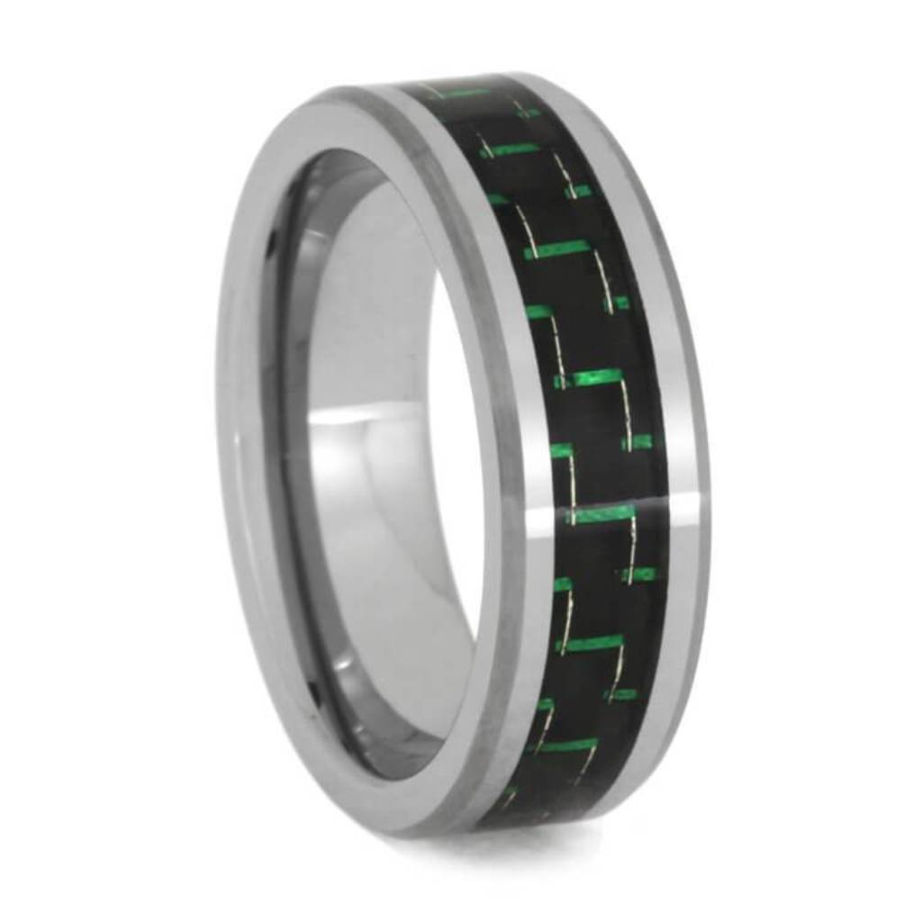 Carbon Fiber Ring, Tungsten Band With Green Accents