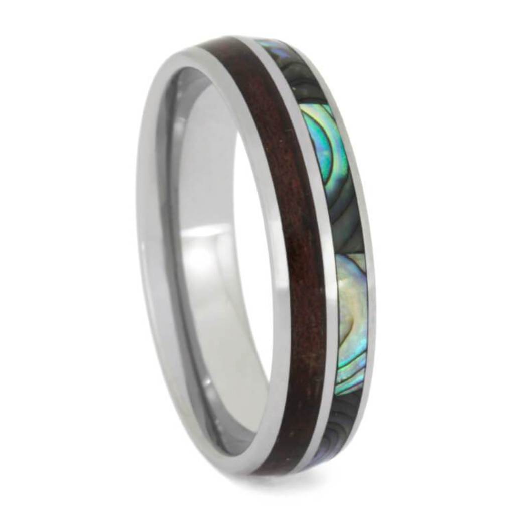 Abalone Wedding Band With Koa Wood, Tungsten Ring