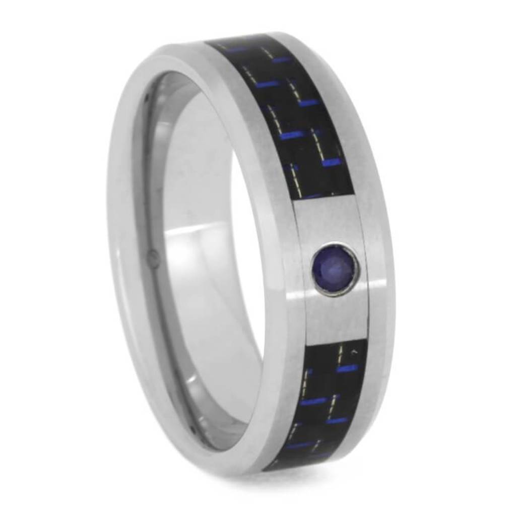 Blue Diamond Wedding Ring With Carbon Fiber, Tungsten Ring