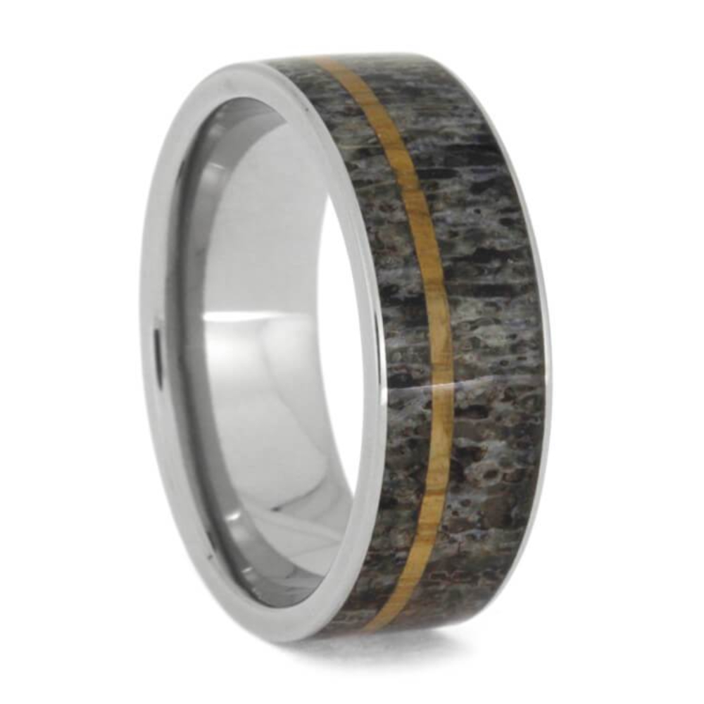 Deer Antler Oak Wood 8mm Titanium Comfort-Fit Wedding Band 