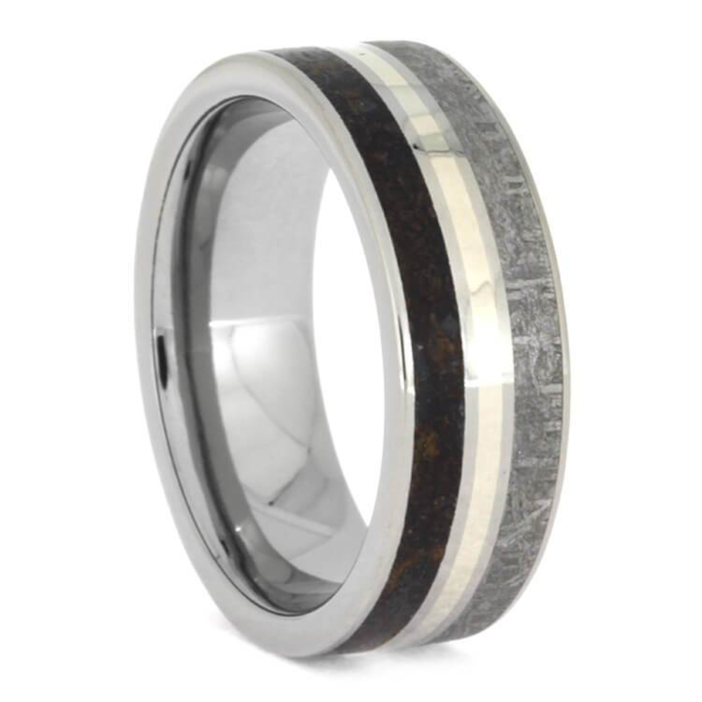 Gibeon Meteorite Dinosaur Bone 14k White Gold 7mm Titanium Comfort-Fit Band 