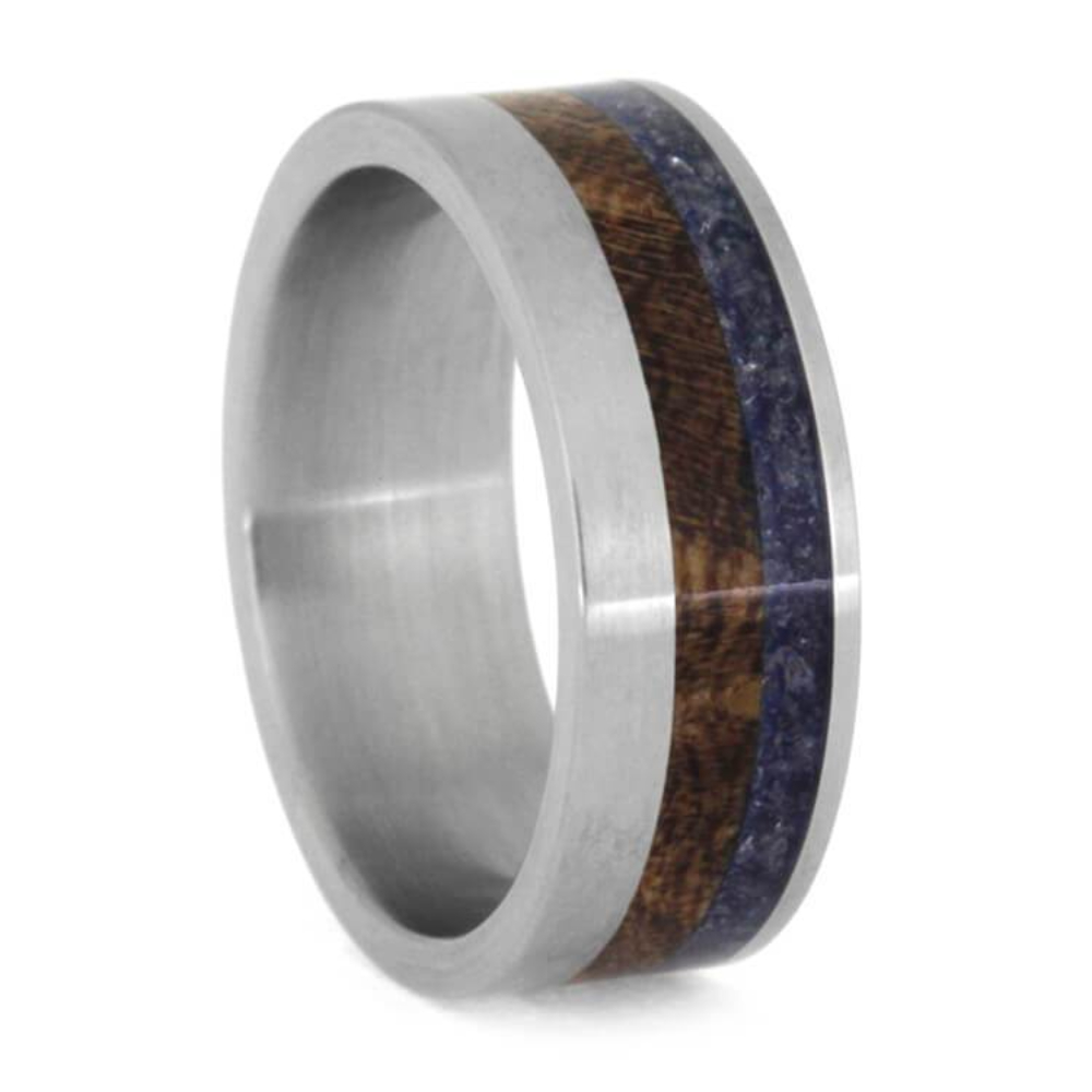 Mesquite Burl Blue Sea Glass 7mm Matte Titanium Comfort-Fit Wedding Band 