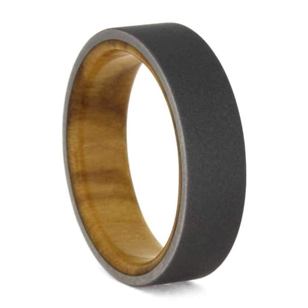 Sandblasted Titanium 6mm Comfort-Fit Olive Wood Sleeve Wedding Band