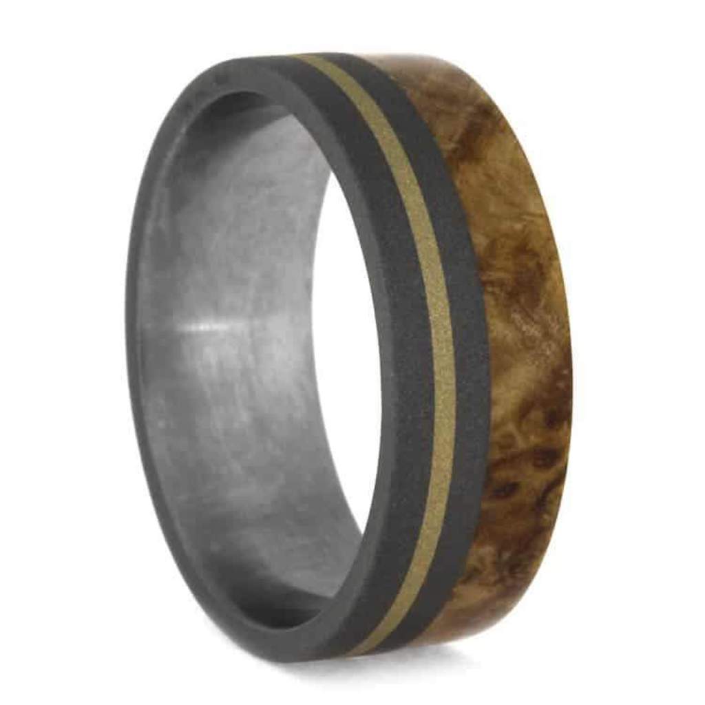 Black Ash Burl Wood 14K Yellow Gold 8mm Sandblasted Titanium Comfort-Fit Ring