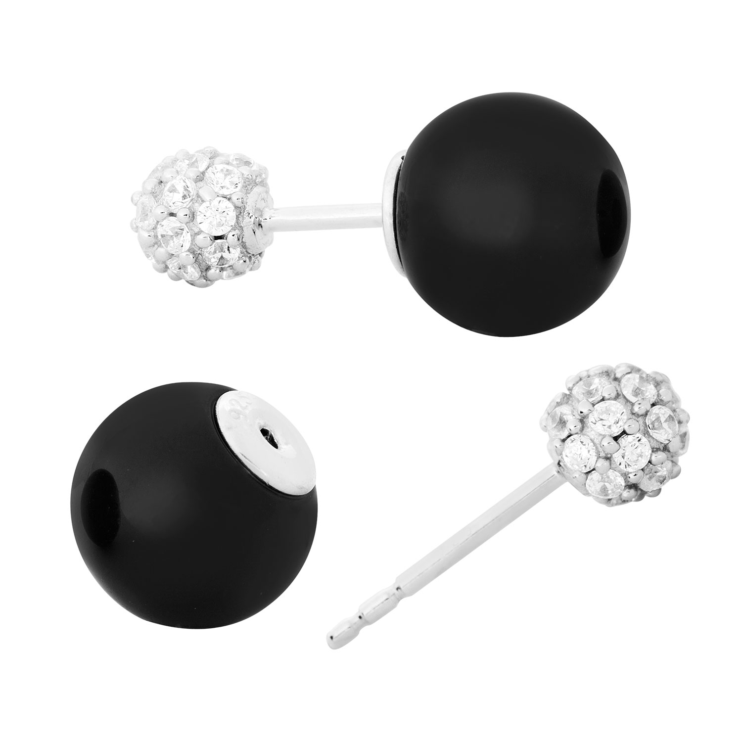 Round Onyx with CZ Back Ball Post Earrings, Sterling Silver