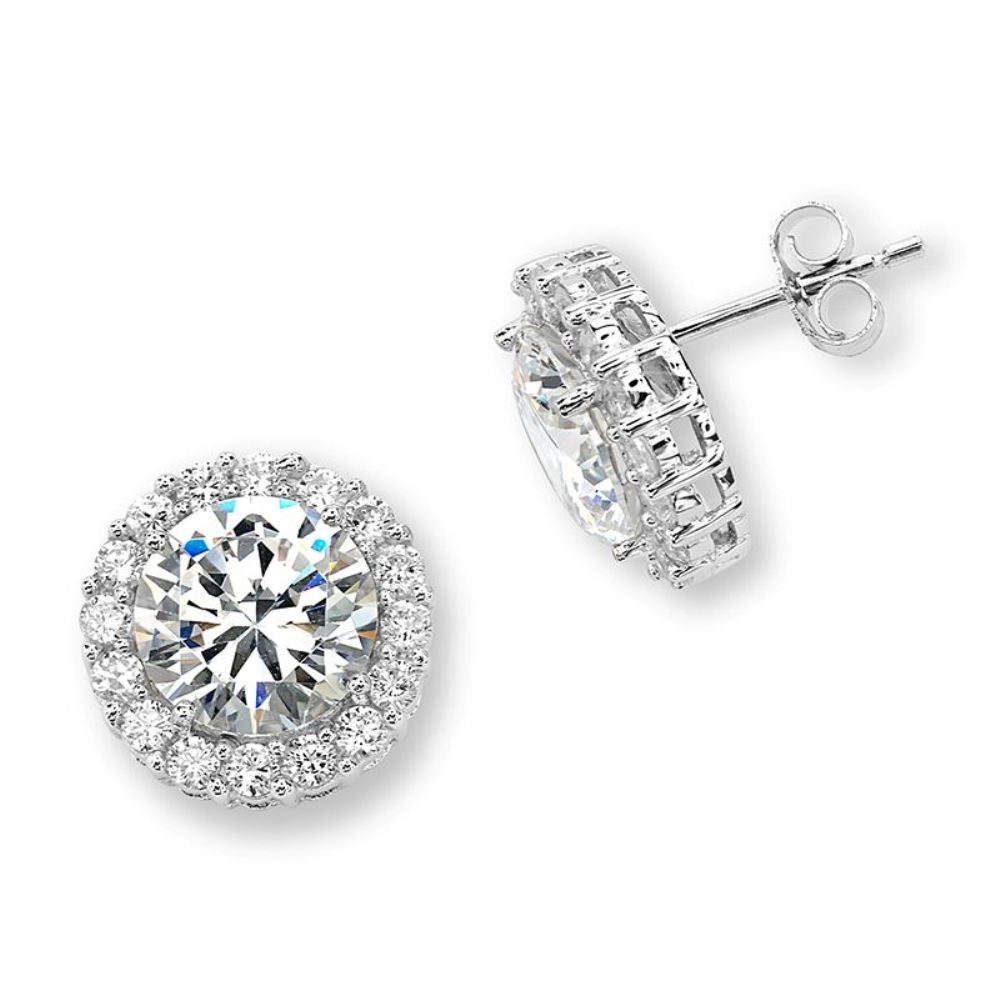 Cubic Zirconia Round Halo Post Earrings, Sterling silver 