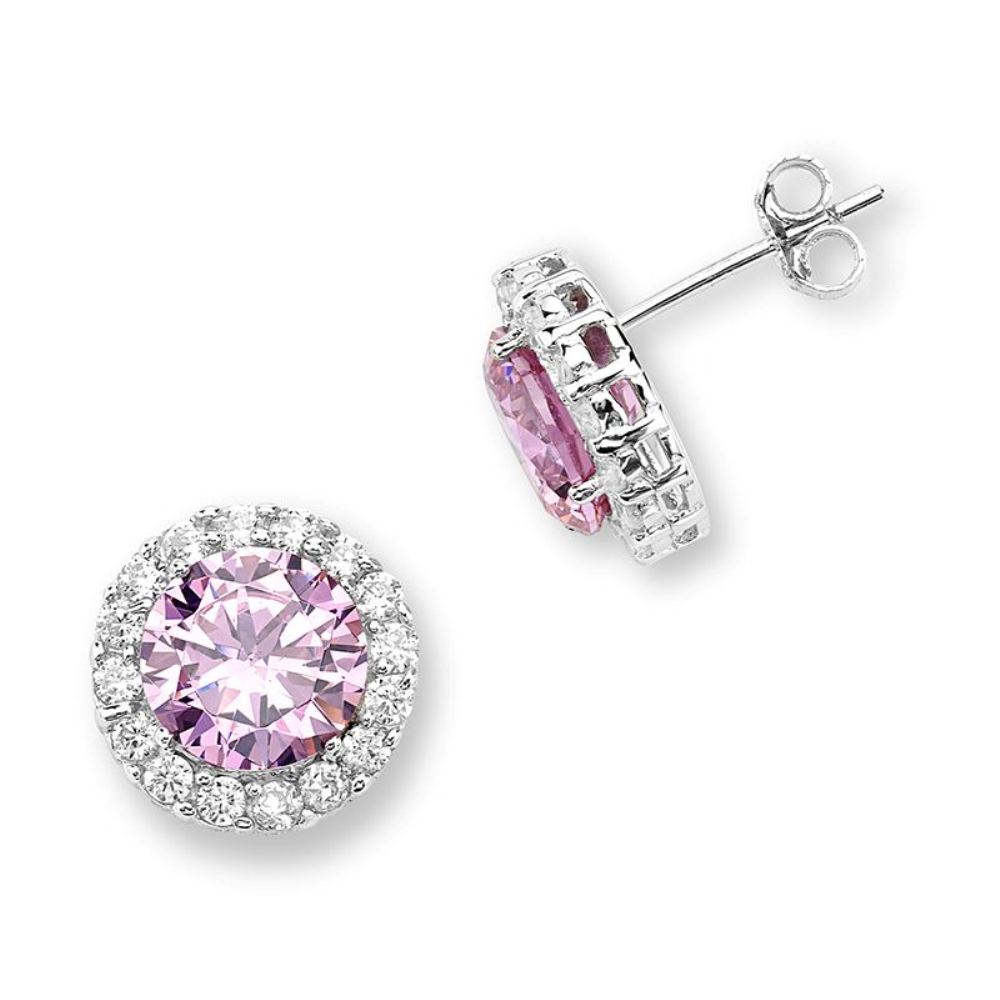 Pink Cubic Zirconia & Cubic Zirconia Halo Post Earrings, Sterling silver 