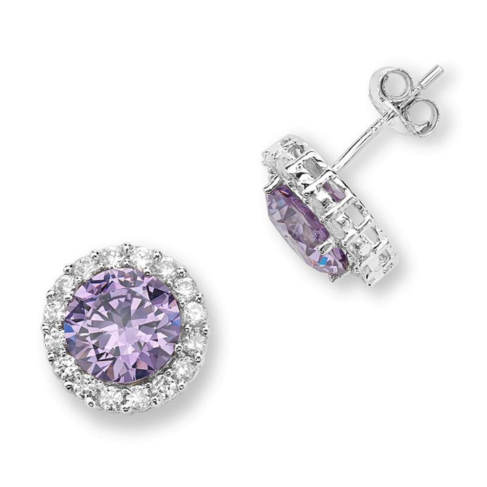 Tanzanite Cubic Zirconia & Cubic Zirconia Halo Post Earrings, Sterling silver 