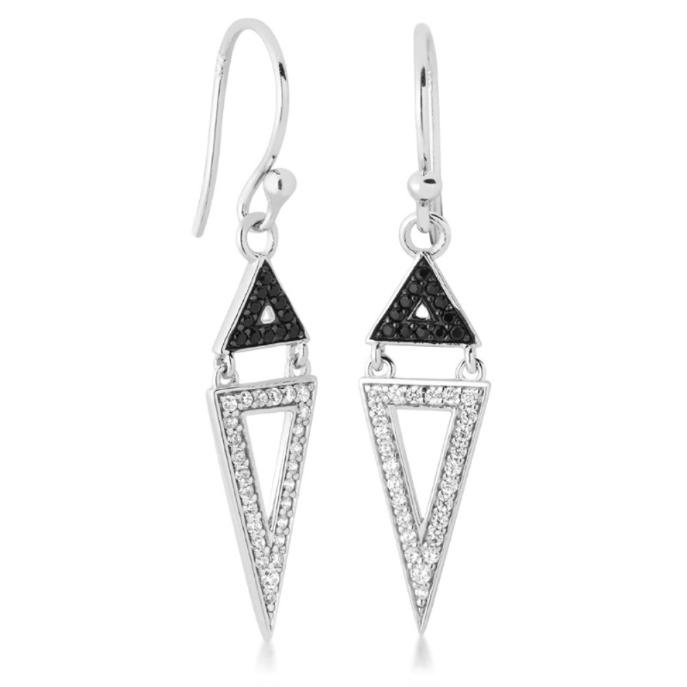 Sterling silver blk/wh cz triangle drop earring