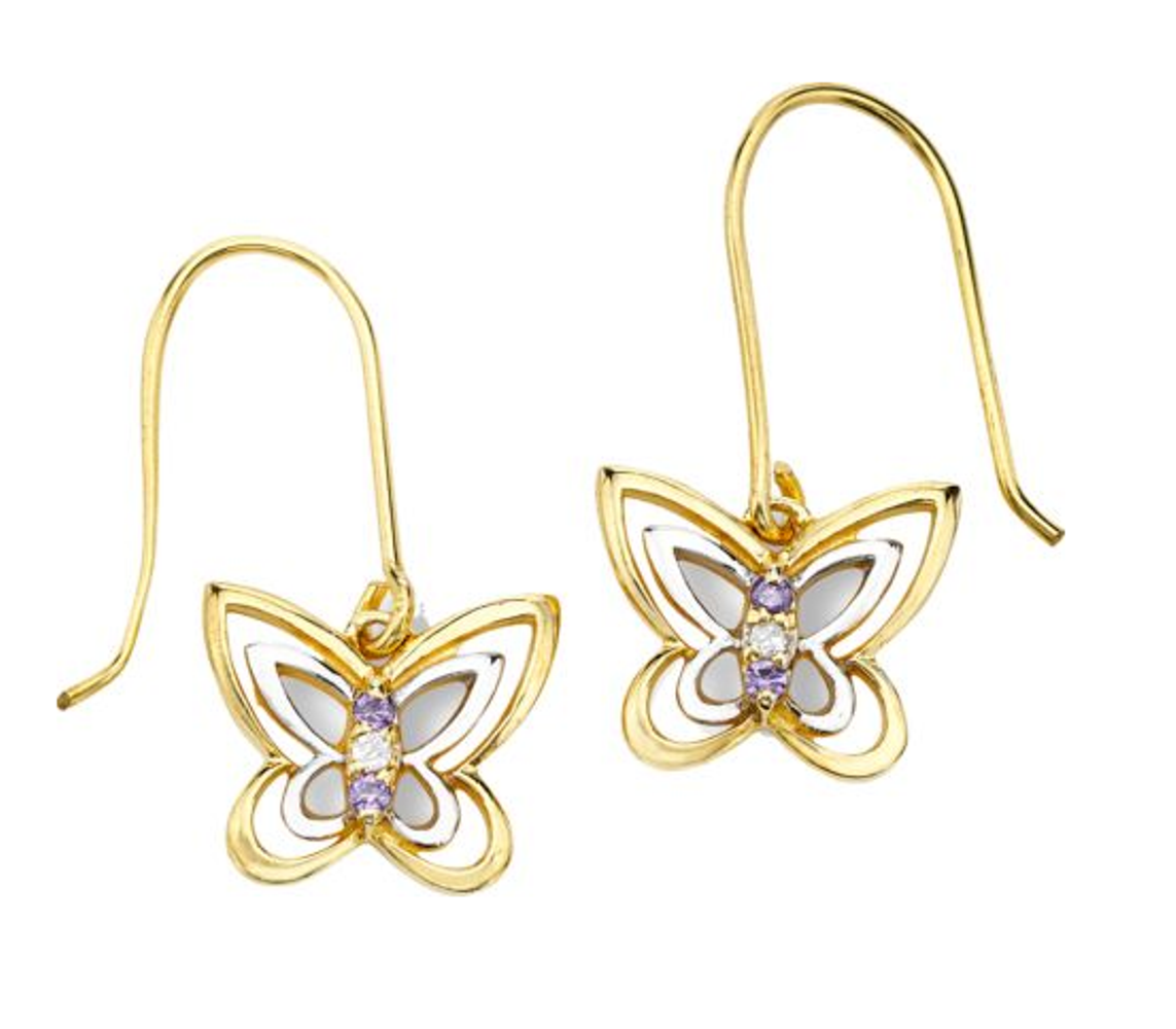 Periwinkle Purple CZ and White CZ Butterfly Two-Tone Earrings, Yellow Gold Plated and Rhodium Plated Sterling Silver 