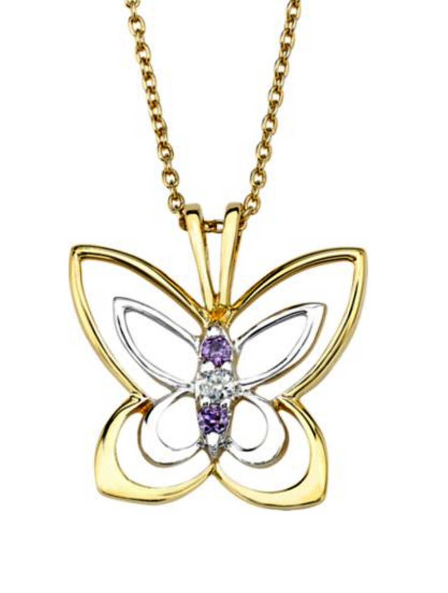 Periwinkle Purple CZ and White CZ Butterfly Two-Tone Pendent, Yellow Gold Plated and Rhodium Plated Sterling Silver 