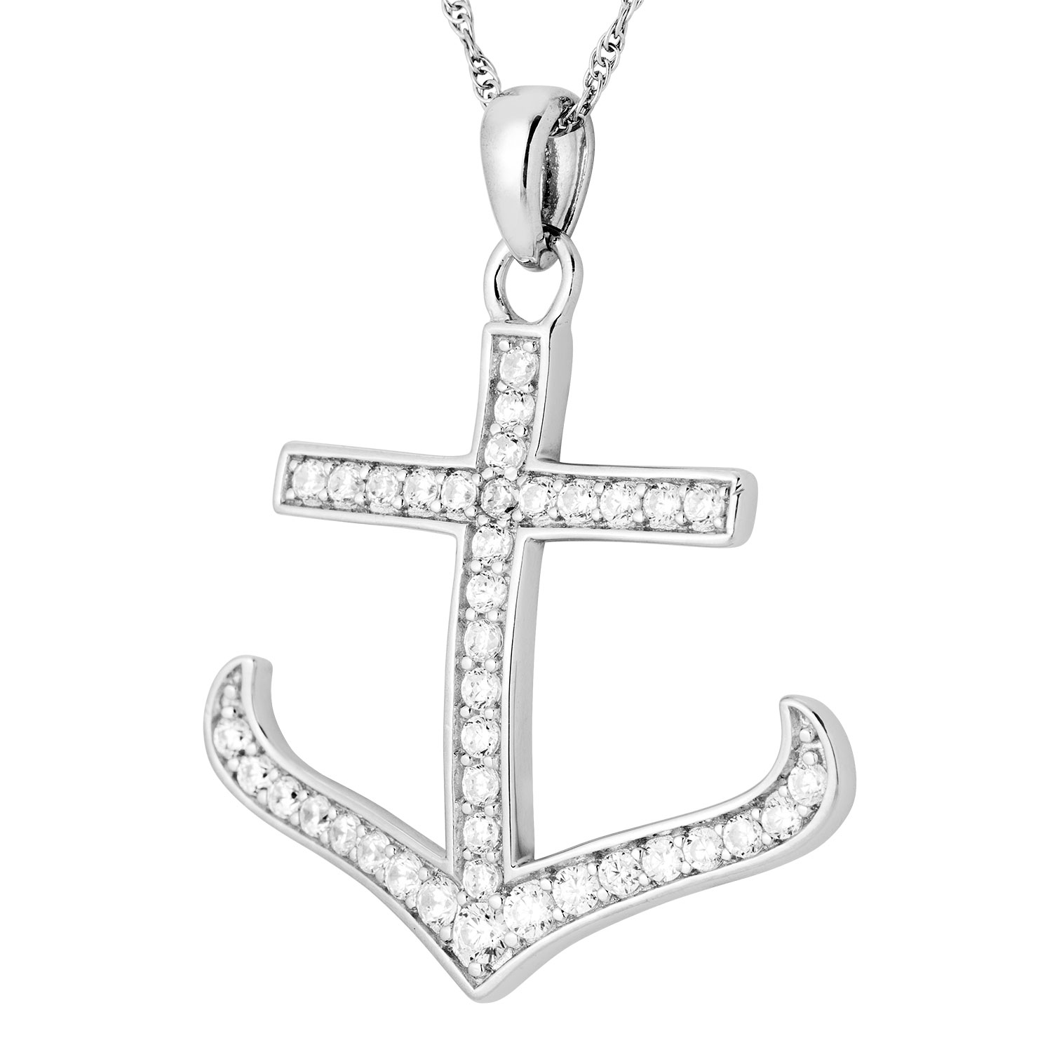  White CZ with cross Arrow Pendant Necklace, Rhodium Finish Sterling Silver