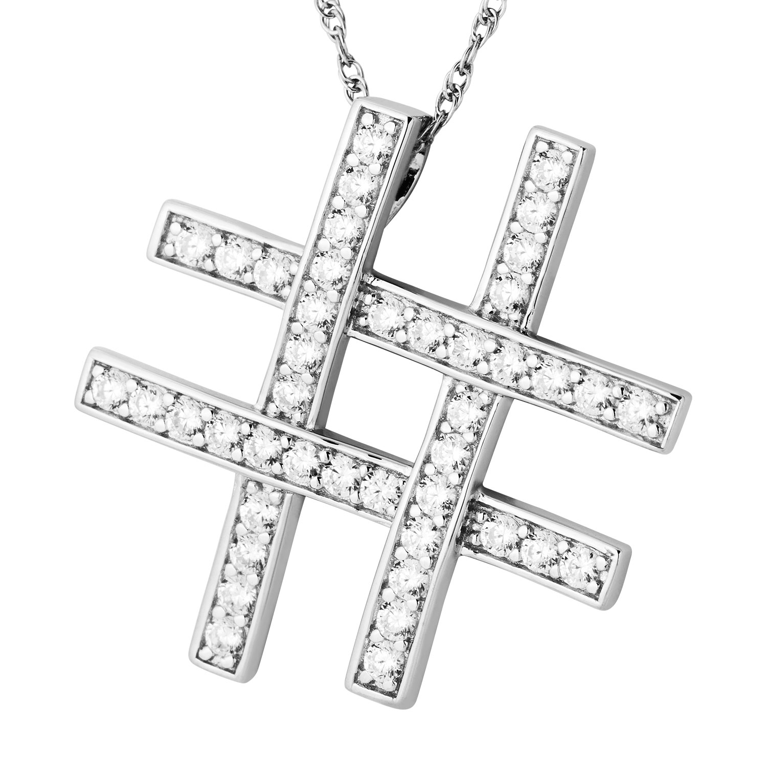  White CZ with Hash Pendant Necklace, Rhodium Finish Sterling Silver