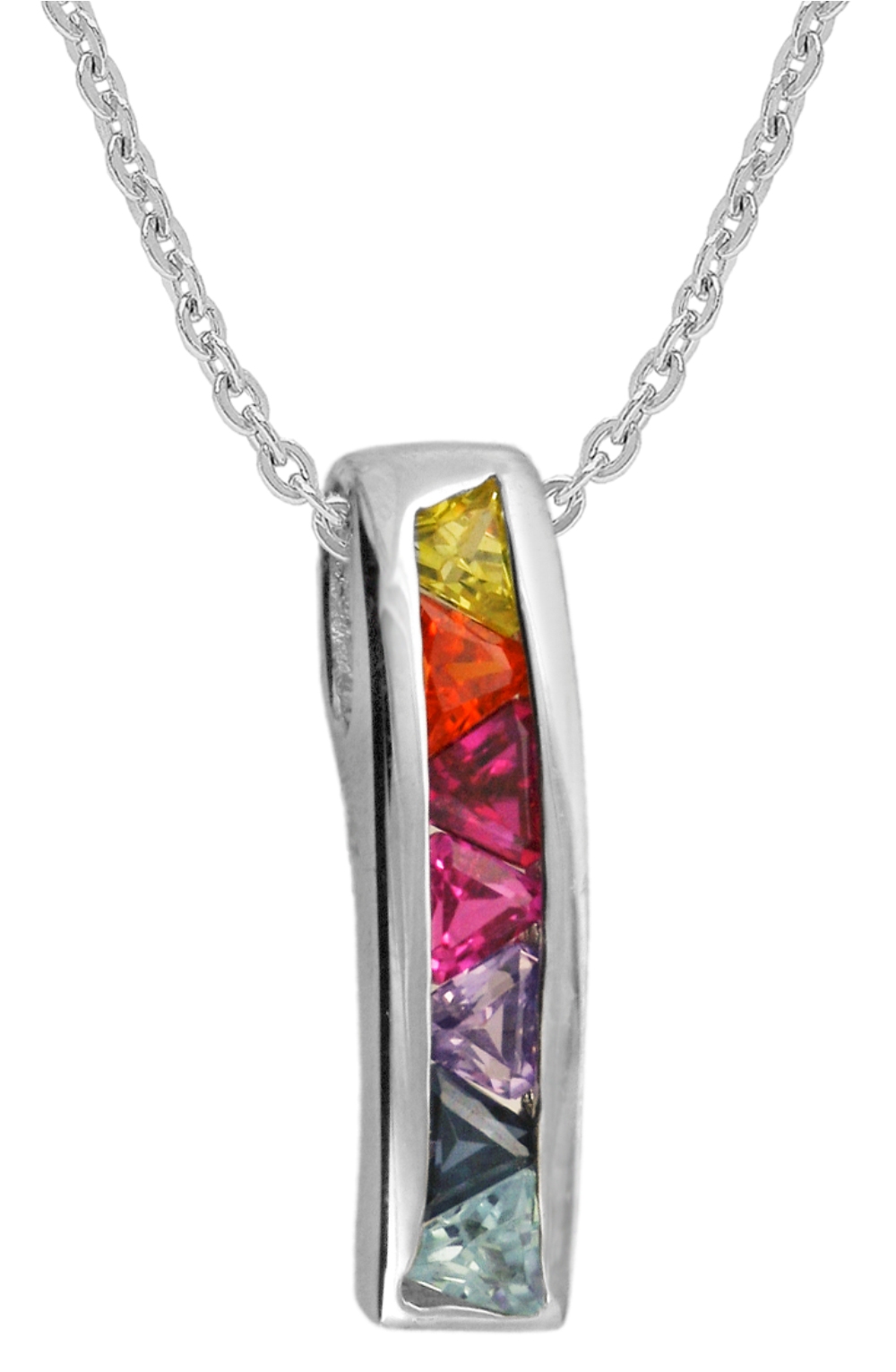 Rhodium Finish Multi-Color Cubic Zirconia Curved Pendant, Sterling silver