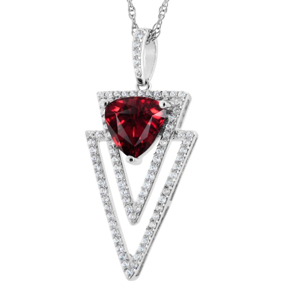 Ravishing Red Heart CZ Graduated Triangle Pendant Necklace, Rhodium Plated Sterling Silver