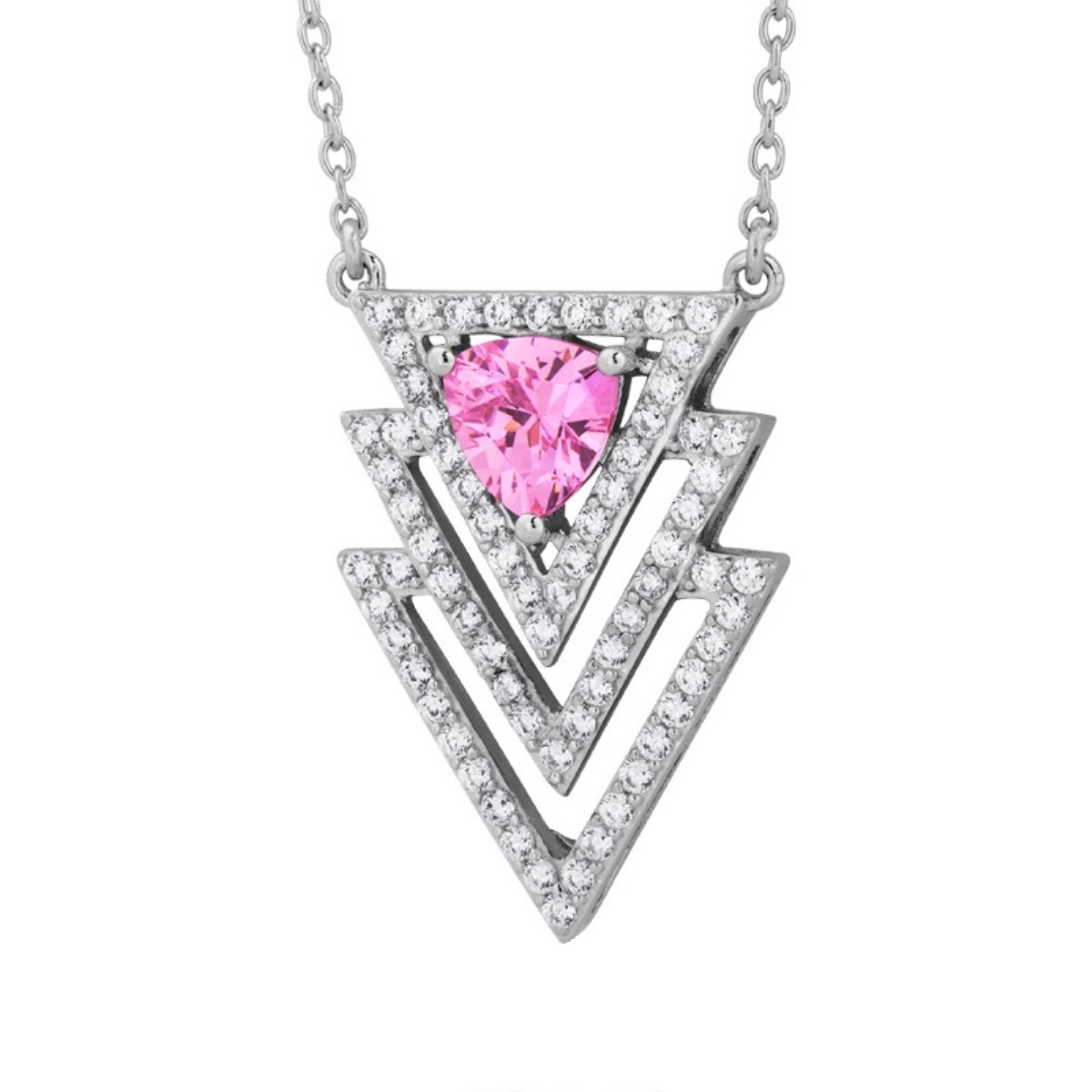 Round Pink CZ Graduated Sharp Angles Pendant Necklace, Rhodium Plated Sterling Silver