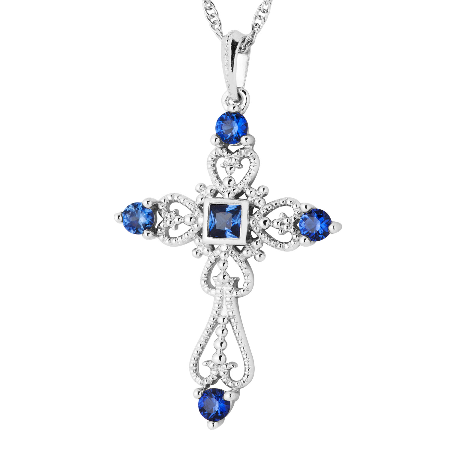 Blue CZ's with Cross Pendant Necklace, Sterling silver 