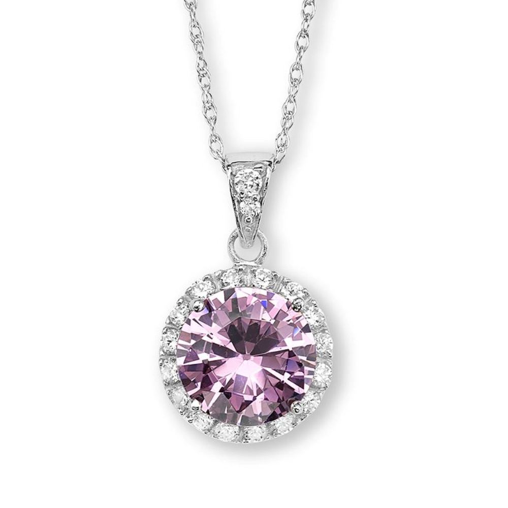 Pink CZ with Clear Cubic Zirconia Halo Pendant, Sterling silver 