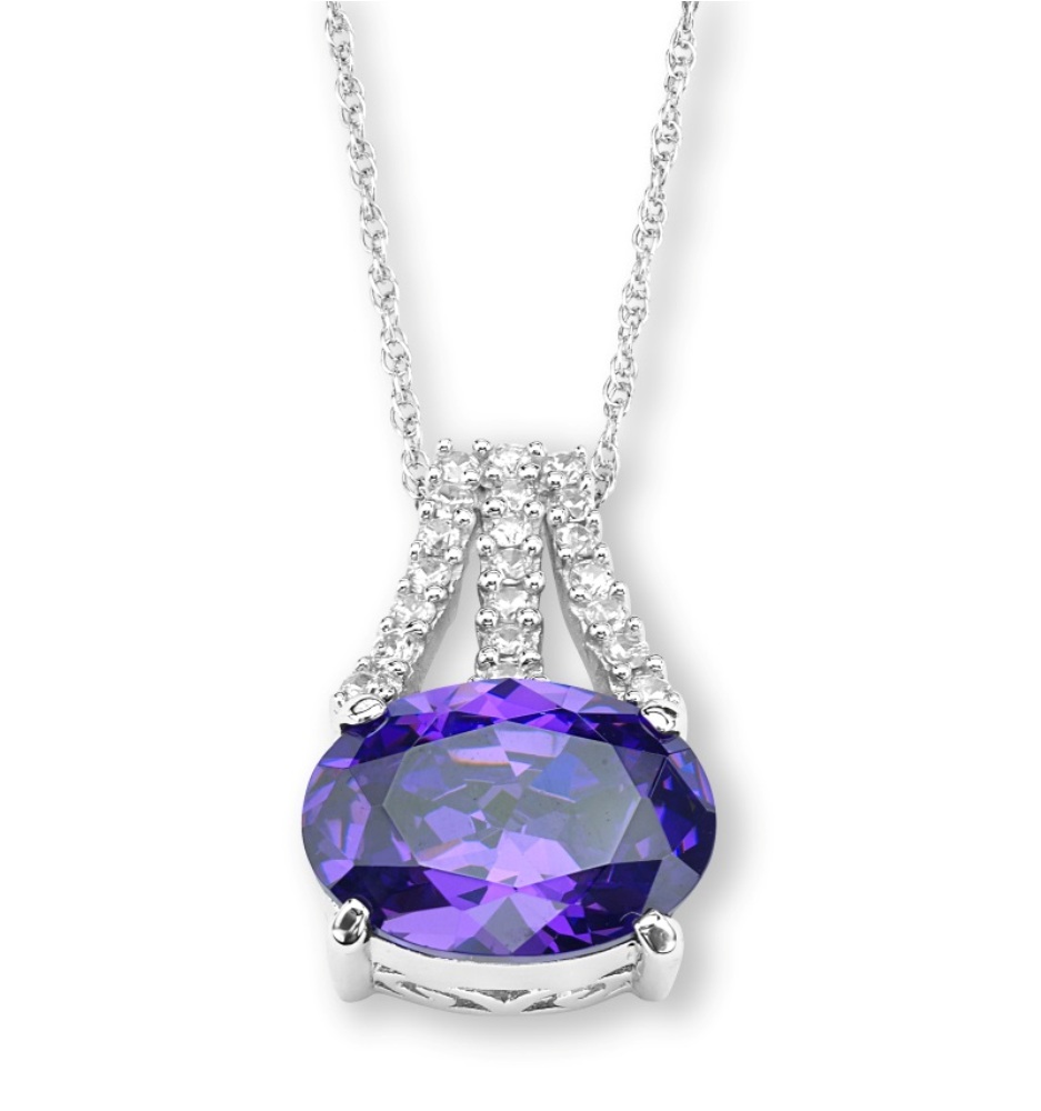 Oval Tanzanite with CZ Horizon Pendant Necklace, Rhodium Finish Sterling Silver 