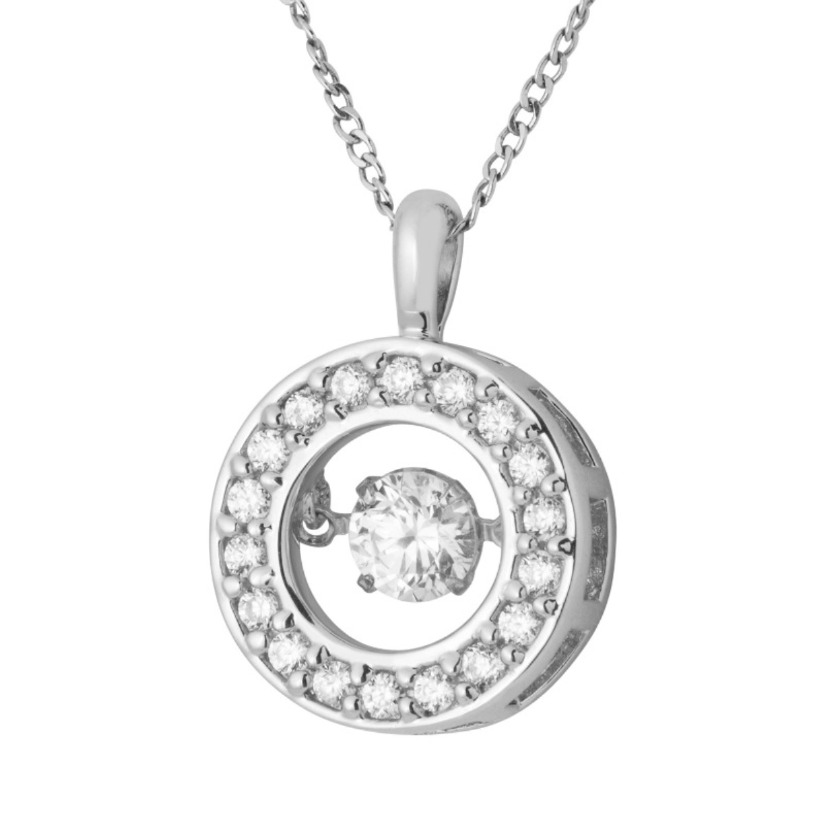 Round Cubic Zirconia Pendant Necklace, Rhodium Plated Sterling Silver