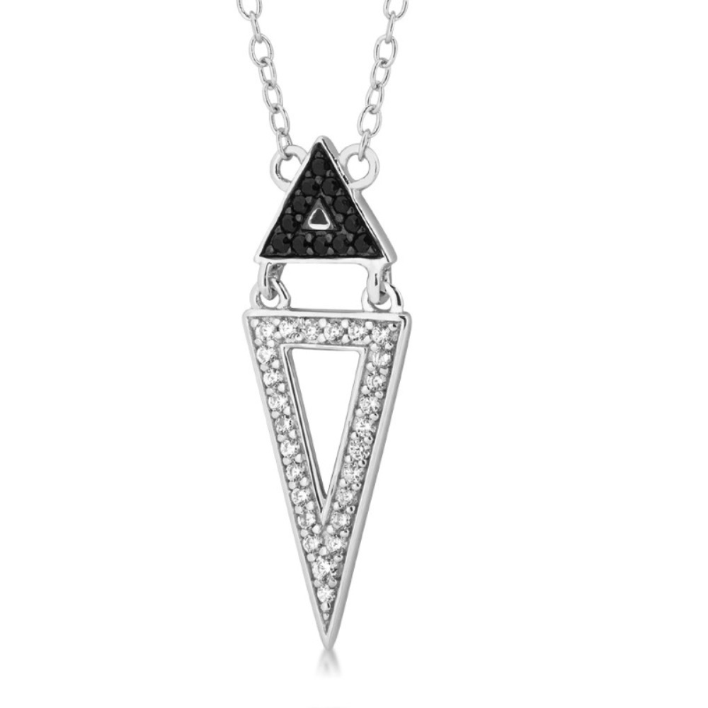 Sterling silver blk/wh cz triangle drop Pendant Necklace