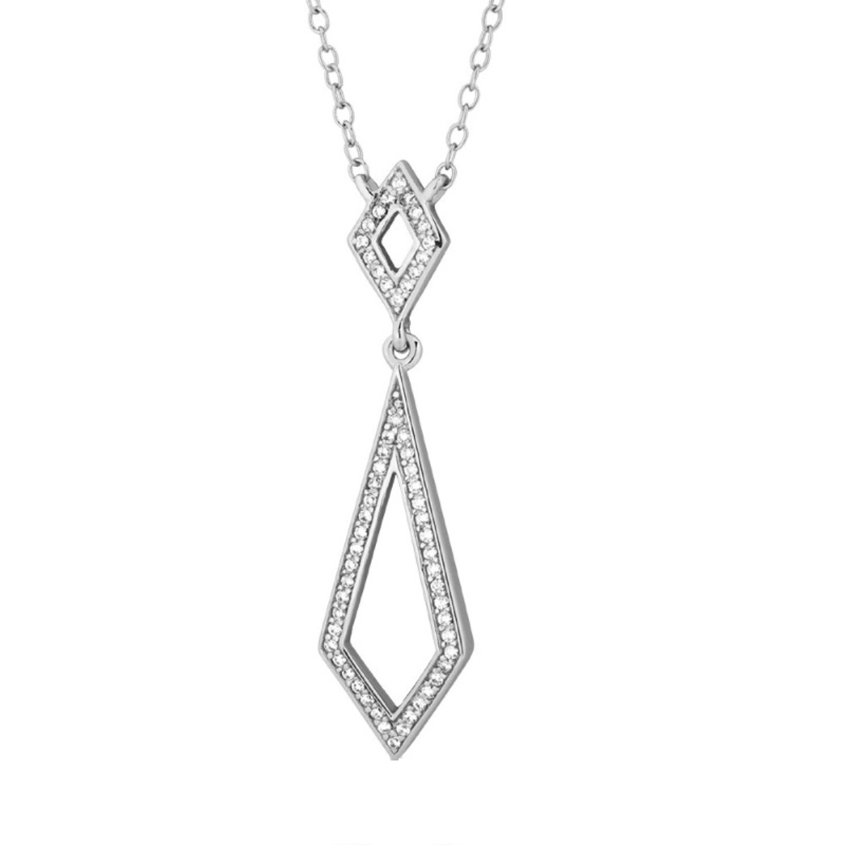 Cubic Zirconia Inlaid Sharp Angles Dangle Pendant Necklace, Rhodium Plated Sterling Silver