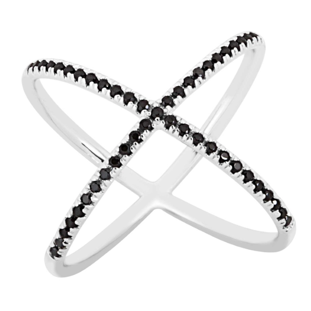 Interconnect Black CZ's Ring, Rhodium Finish Sterling Silver 