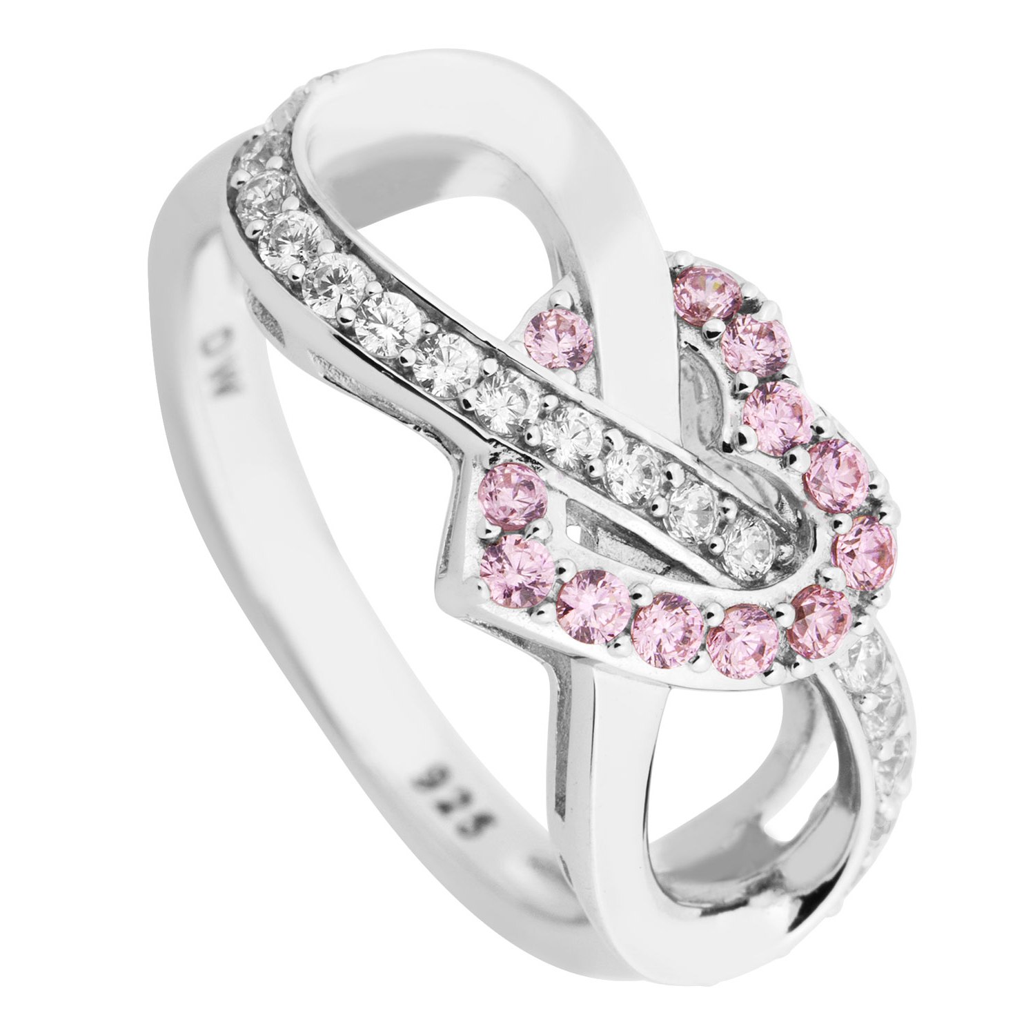 Pink and White CZ with Heart and Infinity Ring, Rhodium Finish Sterling Silver