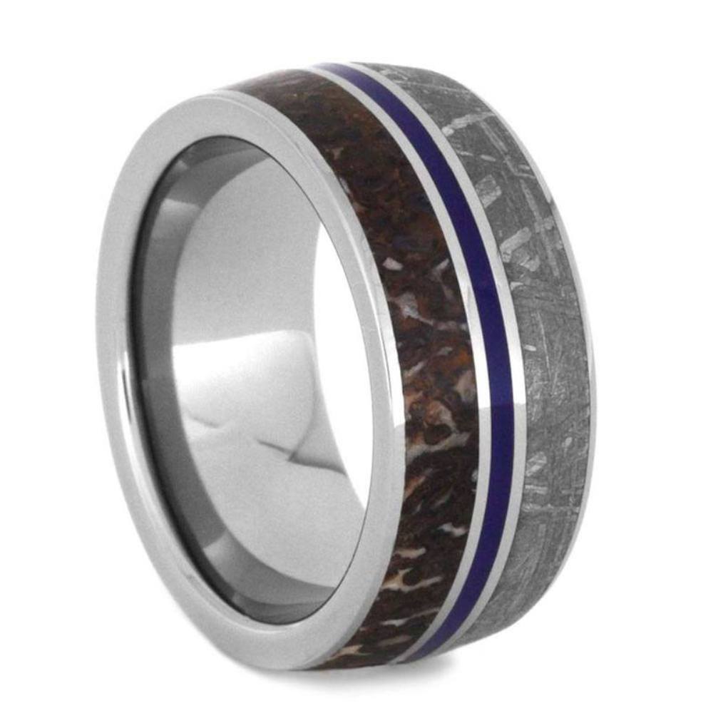 Gibeon Meteorite, Dinosaur Bone, Blue pinstripe 9mm Titanium Comfort-Fit Wedding Band.  