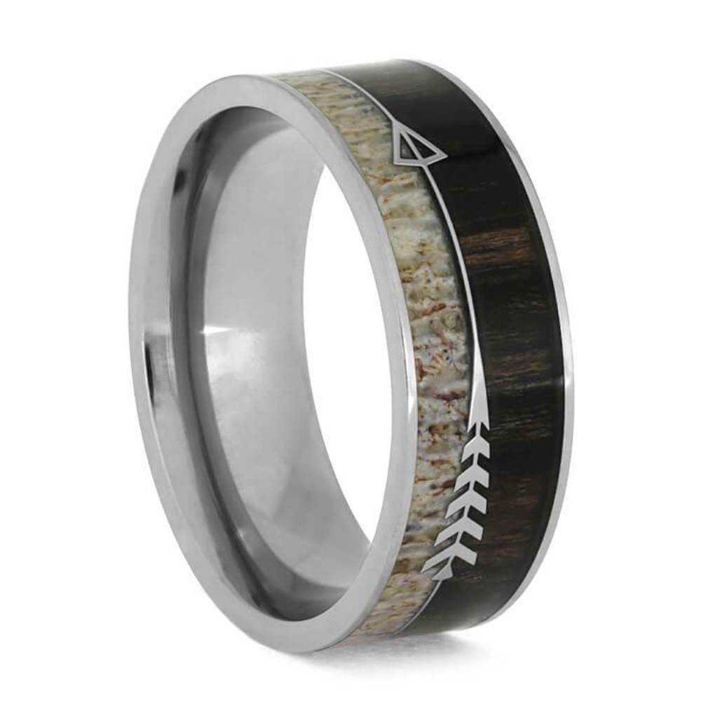  Deer Antler, Ironwood, Sterling Silver Arrow 8mm Titanium Comfort-Fit Wedding Band  