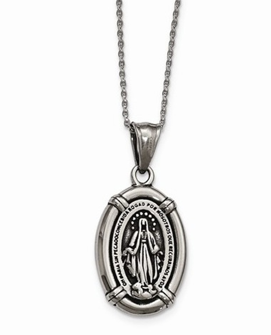 Stainless Steel Antiqued Polished Spanish Miraculous Medal Necklace