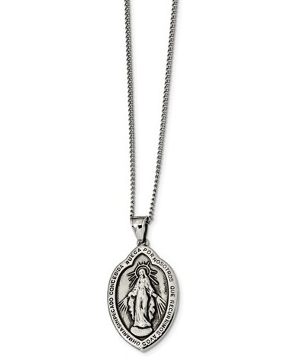 Stainless Steel Antiqued and Polished Miraculous Medal 22in Necklace