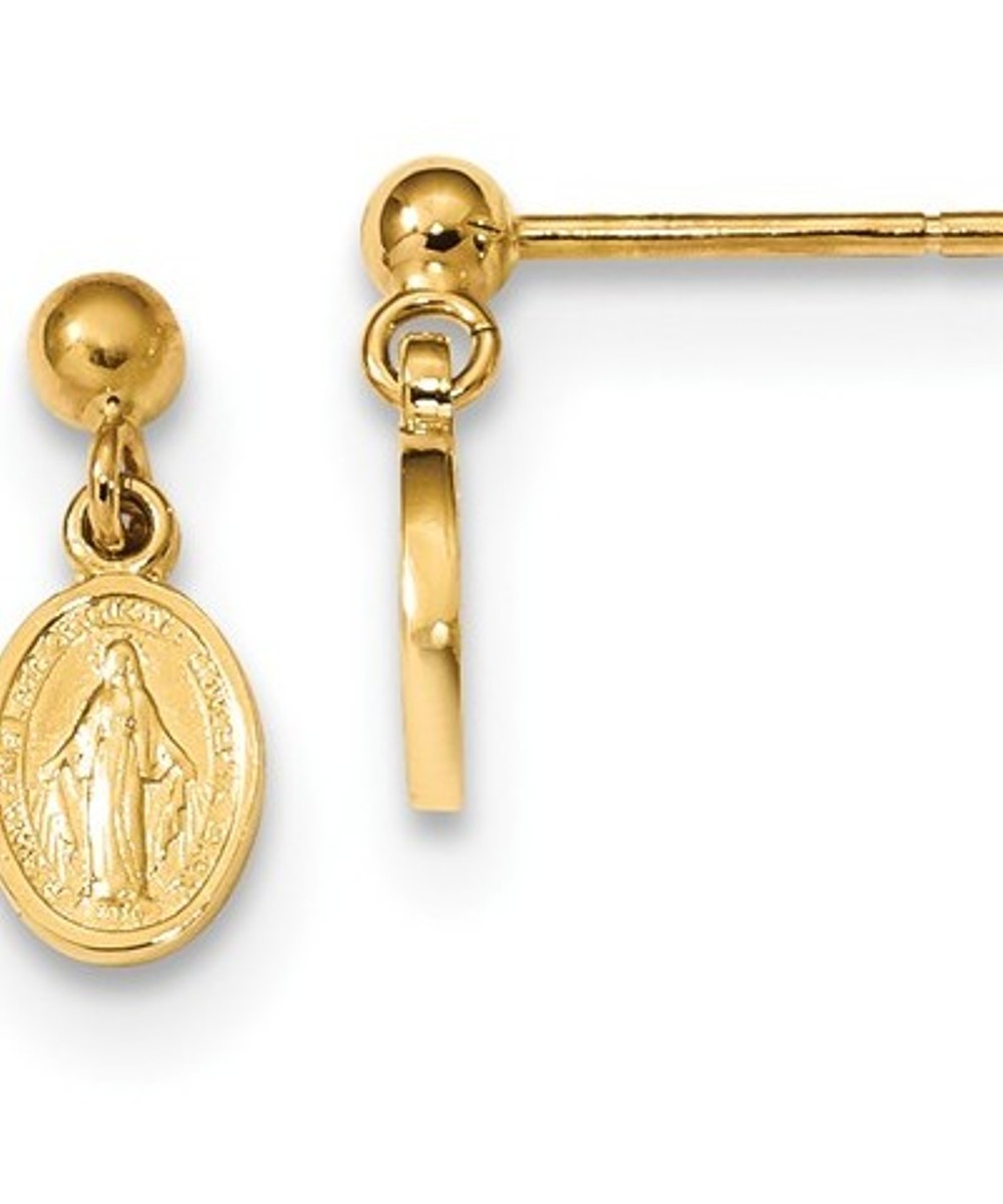 14k Yellow Gold Miraculous Medal Dangle Post Earrings (13X5.5)