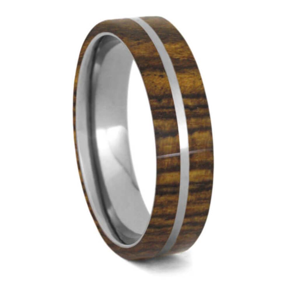 Bocote Wood Inlay 6mm Comfort Fit Brushed Titanium Band. 