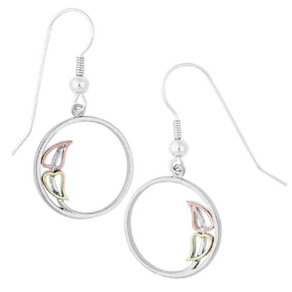 Sterling Silver Circular Dangle Earrings with Black Hills Gold motif. 