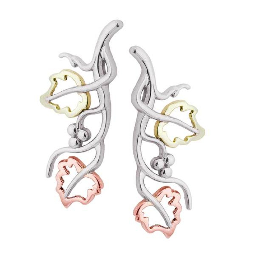 Sterling Silver Two-Tone Leaves Dangle Earrings with Black Hills Gold motif. 