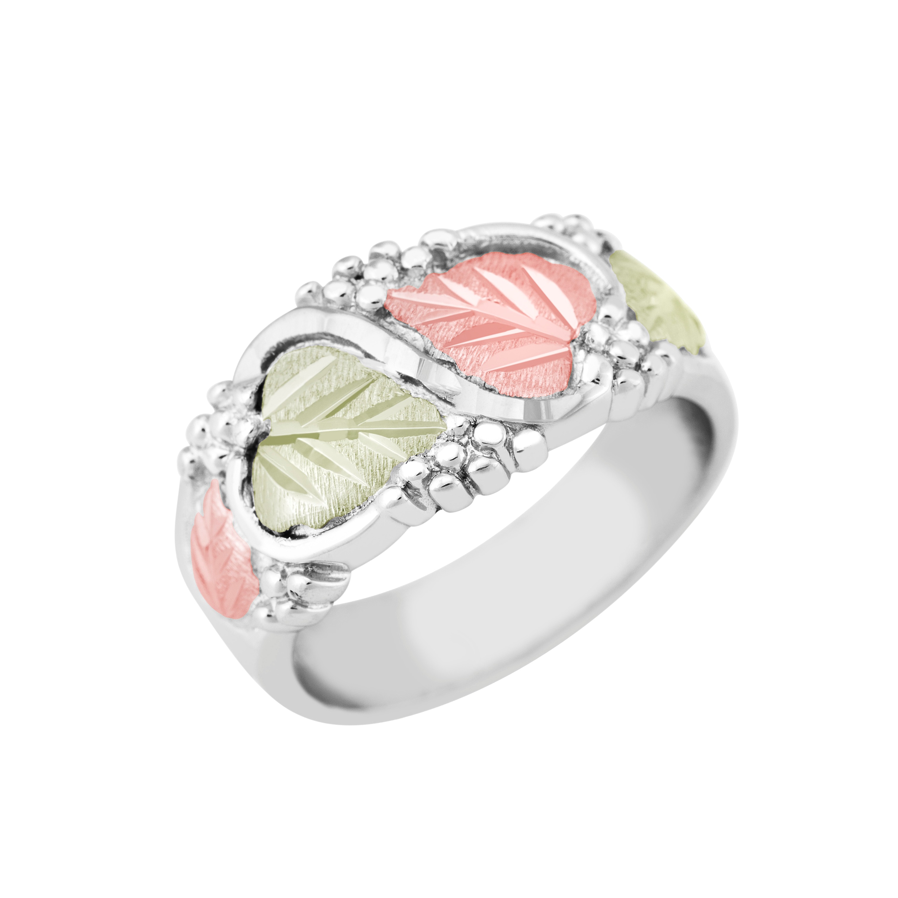 Diamond-Cut Heart Leaf Ring, 10k White Gold, 12k Green and Rose Gold Black Hills Gold Motif