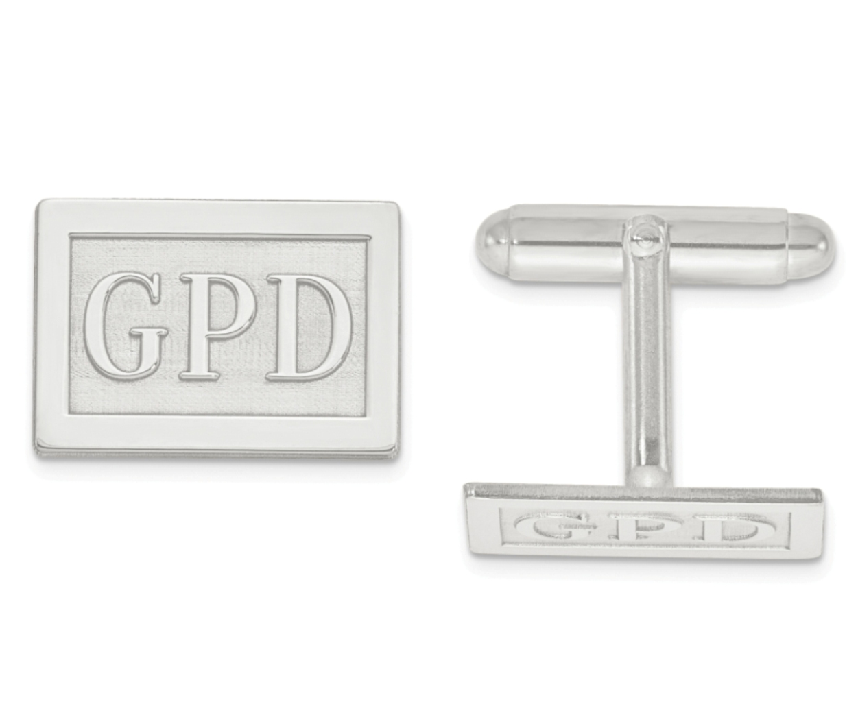 Sterling silver raised letter rectangle monogram cufflinks, proudly made in the USA.