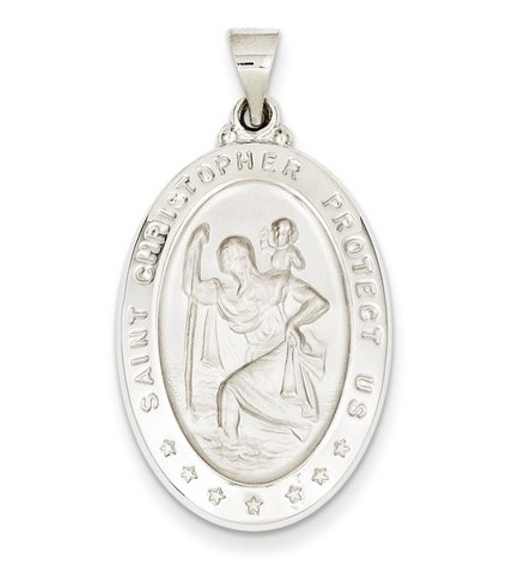 14k White Gold Polished and Satin St. Christopher Medal Pendant