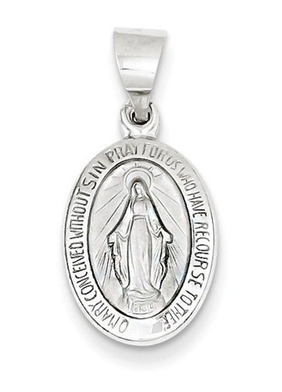 Rhodium-Plated 14k White Gold Satin Miraculous Medal Charm Pendant (18X11 MM)