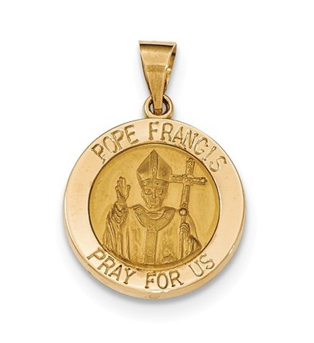 14K Gold Satin and Polished Hollow Pope Francis Medal