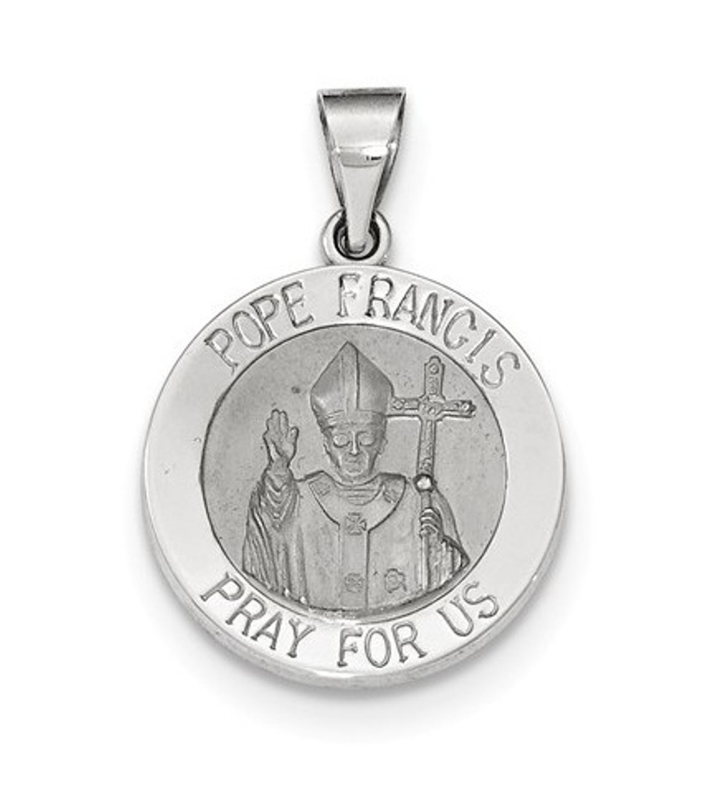 14K White Gold Satin and Polished Hollow Pope Francis Medal