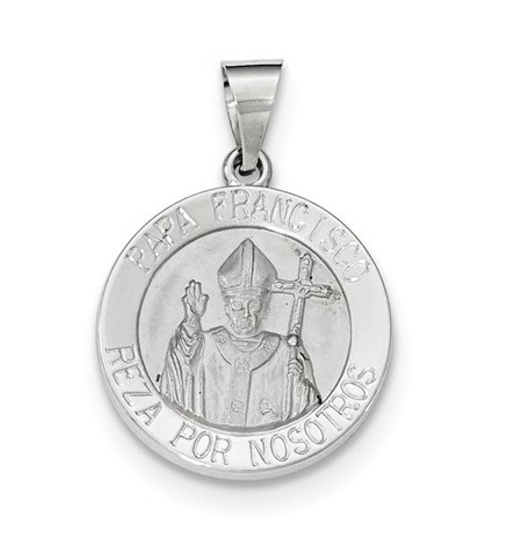 14K White Gold Satin and Polished Hollow Pope Francisco Medal