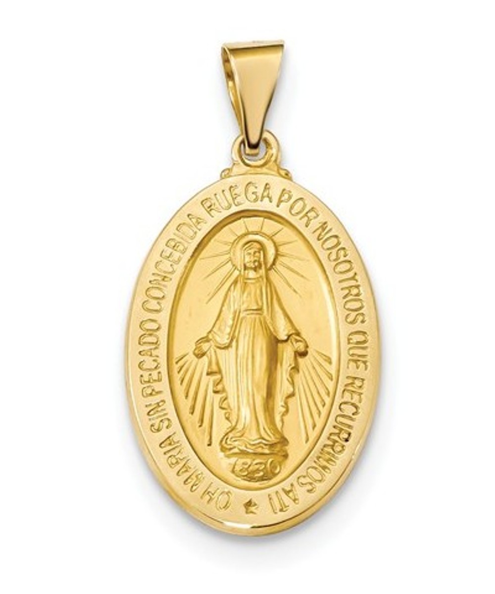 14k Yellow Gold Hollow Spanish Miraculous Medal Pendant (25.5X16.4MM)