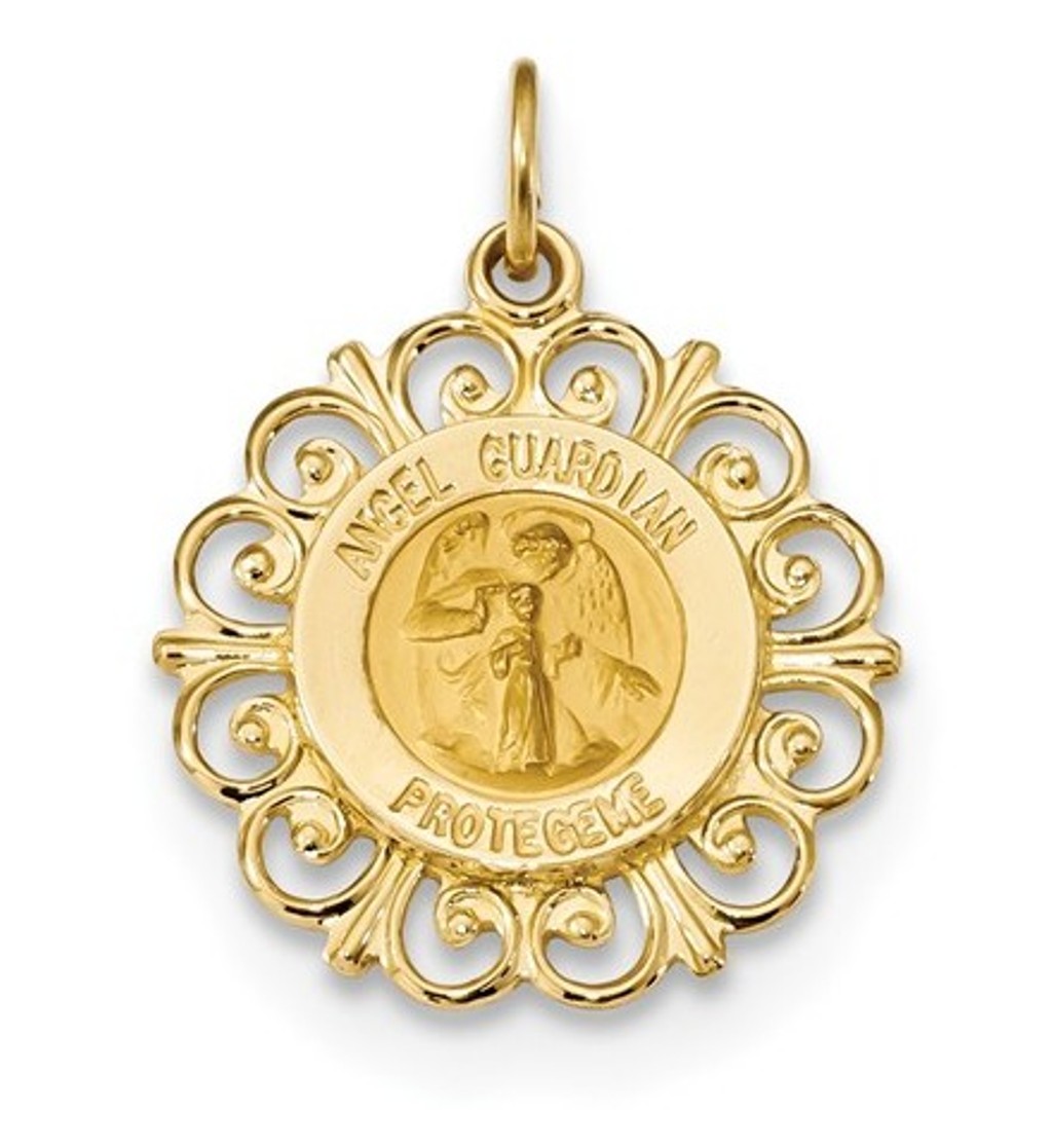 14k Polished and Satin Spanish Guardian Angel Medal Pendant