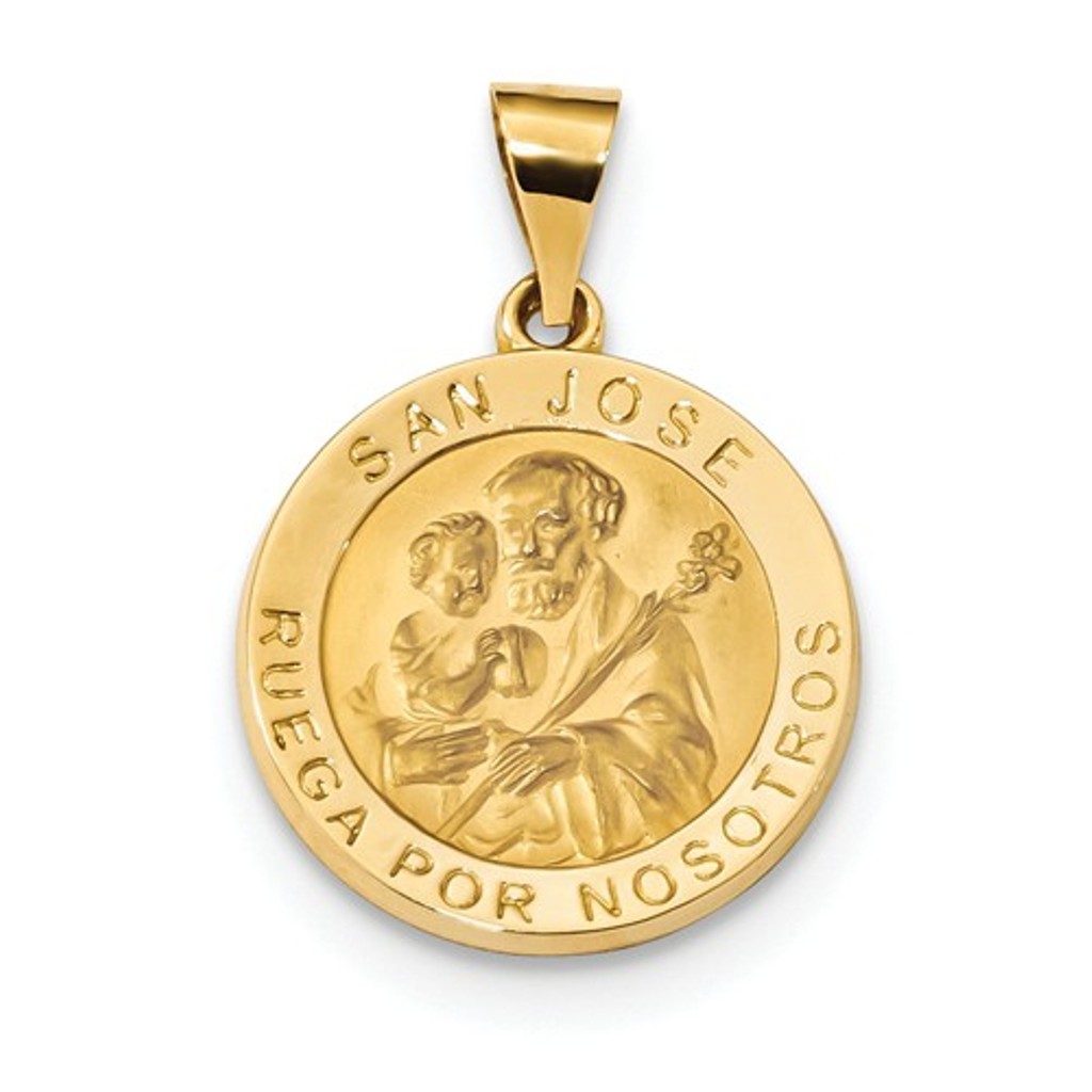 14k Polished and Satin Hollow Spanish St. Joseph Medal Pendant